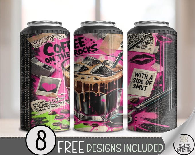 Coffee On The Rocks 4-in-1 Can Cooler Wrap PNG, Smut Book Lover Sublimation Design, Iced Coffee Funny Tumbler Wrap, 16 oz Skinny PNG A273