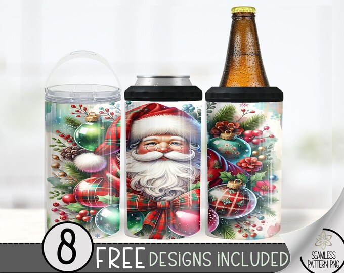 Seamless Christmas Can Cooler Wrap, Xmas 16 oz 4-in-1 Cooler Sublimation,Santa Claus 16Oz Tumbler File,Holiday Ornament High Resolution Wrap