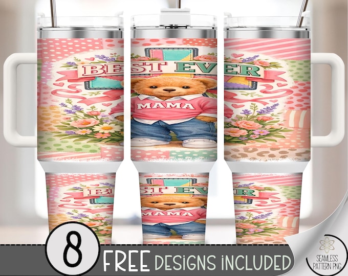 Mother's Day 40 oz Tumbler Wrap, Mama Bear Sublimation Design, Pastel Floral PNG Files, Vintage Mother's Day 40oz Tumbler Design B10060