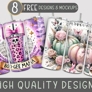 K&ouml;nnte beinhalten: Acht kostenlose Designs f&uuml;r Sublimationsbecher. Die Designs umfassen eine Vielzahl von Themen, darunter gruselige, florale und inspirierende Motive. Die Designs sind von hoher Qualit&auml;t und perfekt, um einzigartige und personalisierte Geschenke zu kreieren.