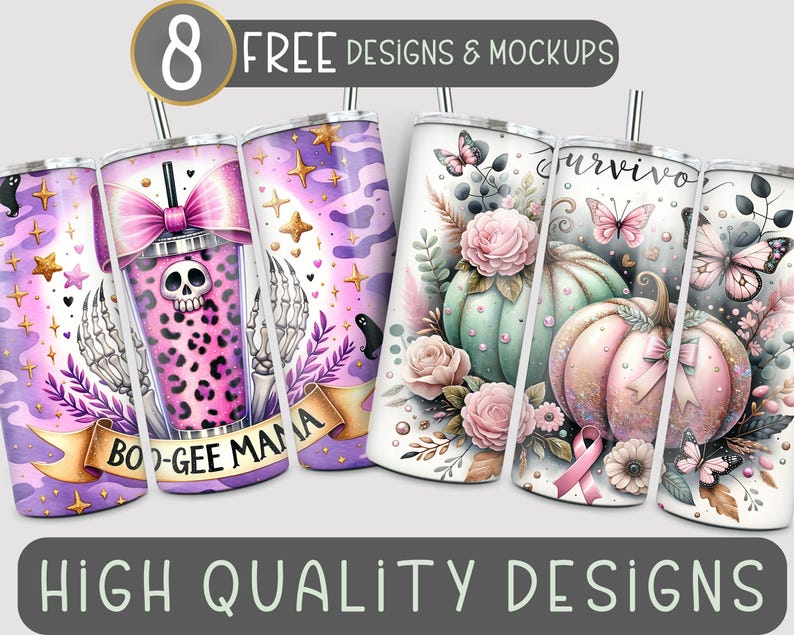 K&ouml;nnte beinhalten: Acht kostenlose Designs f&uuml;r Sublimationsbecher. Die Designs umfassen eine Vielzahl von Themen, darunter gruselige, florale und inspirierende Motive. Die Designs sind von hoher Qualit&auml;t und perfekt, um einzigartige und personalisierte Geschenke zu kreieren.