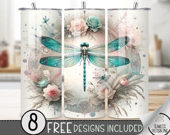 Dragonfly Tumbler Wrap PNG, Ethereal 20 Oz Skinny Tumbler Wrap, Dragonflies Sublimation Seamless Design,Floral Dragonflies Tumbler Wrap 20Oz