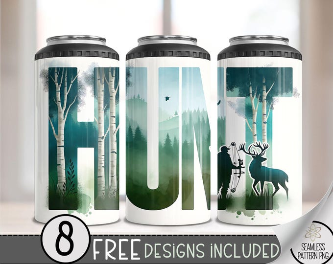 Deer Hunting 4in1 Can Cooler Wrap, Hunter 4 in 1 Tumbler PNG, Seamless Compound Bow 16 Oz Can Cooler Sublimation Design, Forest Mountain PNG