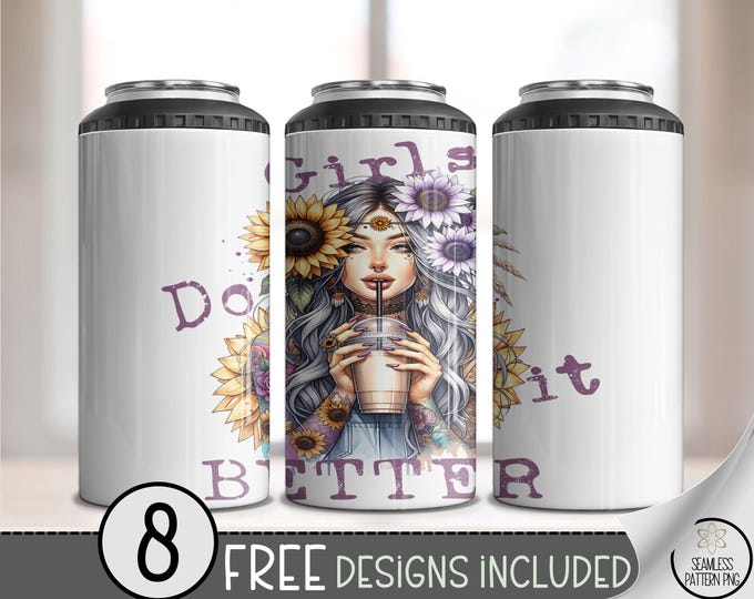 Girls Do It Better 4-in-1 Can Cooler Wrap PNG, Sunflower Girl Iced Coffee Tattoo Design for Sublimation, Empowering Wrap PNG, A378