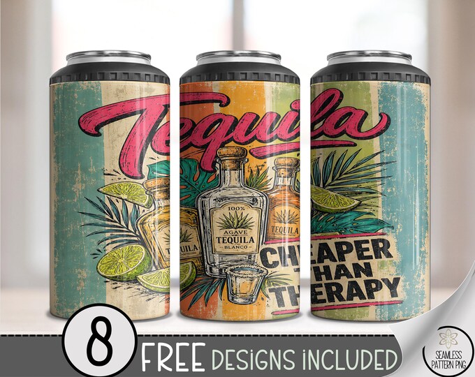 Tequila Bar 4-in-1 Can Cooler Wrap, Retro Sublimation Design, Vintage 16 oz 4-in-1 File, Digital Download, B10257