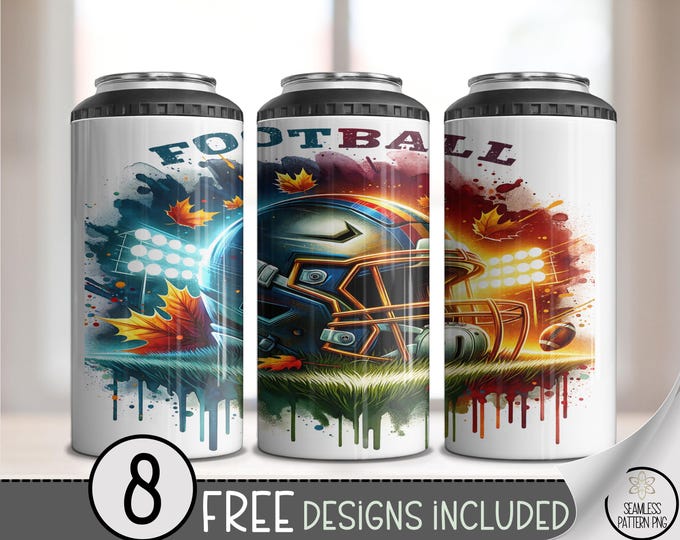 Vibrant Football Themed 4in1 Cooler Wrap, Artistic Sports Can Cooler PNG, Football Helmet Design Set, Tailgate Party PNG Bundle A411