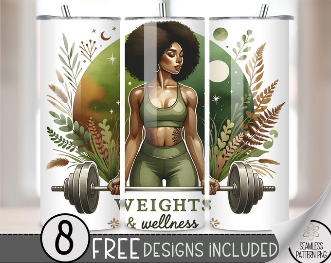 Fitness Tumbler Wrap Design, Gym Girl PNG File, Digital Boho Fitness Black Girl 20Oz Tumbler Wrap, 20Oz Gym Motivational Tumbler Wrap