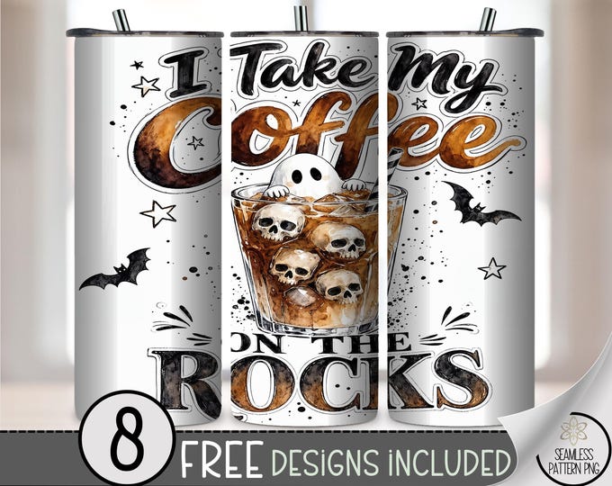 Halloween 20 oz Tumbler Wrap, Spooky Coffee Sublimation Design, Skull Ice Cubes PNG, Digital Download, B10503