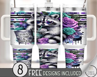 Vibrant Raccoon 40oz Tumbler Wrap, Purple Rose Grunge Style,Floral Animal Design, Sassy Sarcastic Neon Saying 40 OZ Sublimation Design, A450