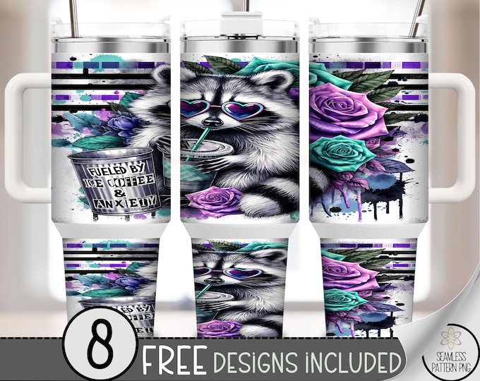Vibrant Raccoon 40oz Tumbler Wrap, Purple Rose Grunge Style,Floral Animal Design, Sassy Sarcastic Neon Saying 40 OZ Sublimation Design, A450