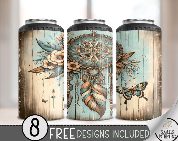 Boho Dreamcatcher Can Cooler Wrap, Butterfly Floral 16 oz 4-in-1 Cooler Sublimation, Country Western Design, Southwestern Can Wrap, A134