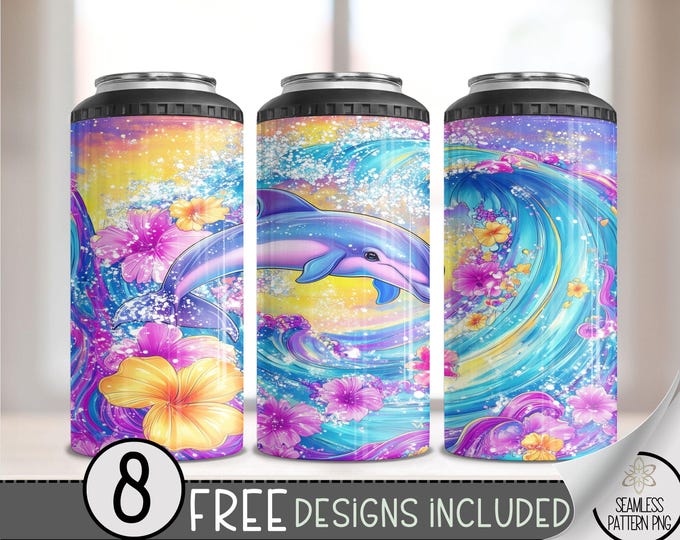 Dolphin 4 in 1 Can Cooler Wrap, Tropical 4in1 Tumbler PNG, Colorful Beach PNG 16oz Sublimation Design, Beach Summer Can Wrap, A136