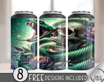 Snake Strike 4 in 1 Can Cooler Wrap, Floral Skull 4in1 Tumbler PNG, Snake Skull 16 Oz Can Cooler Sublimation Design, Digital Download PNG