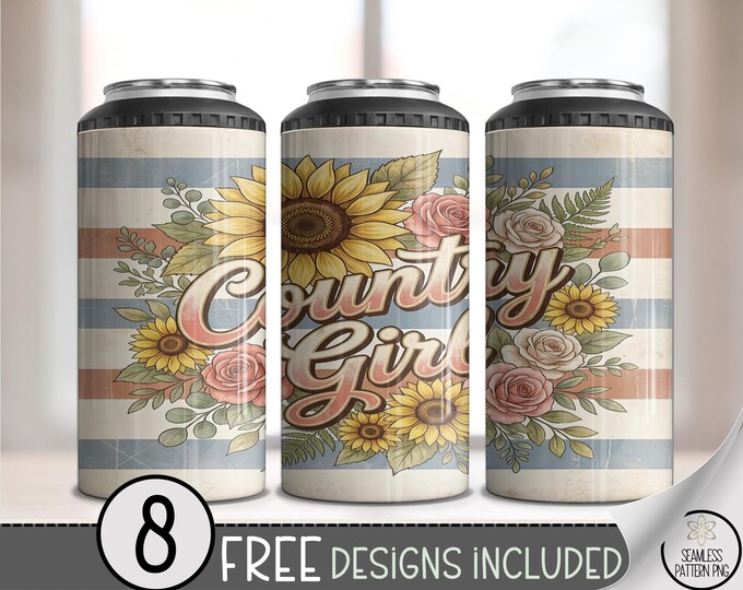 Country Girl 4in1 Can Cooler Wrap, Distressed Sunflowers Sublimation Design, Vintage 16 oz 4-in-1 File, B10068
