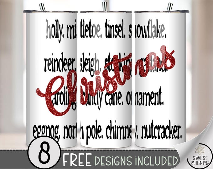 Cheerful 20 oz tumbler wrap: Christmas Words List Digital Download Sublimation Design for Skinny Tumblers, Festive PNG Files A474