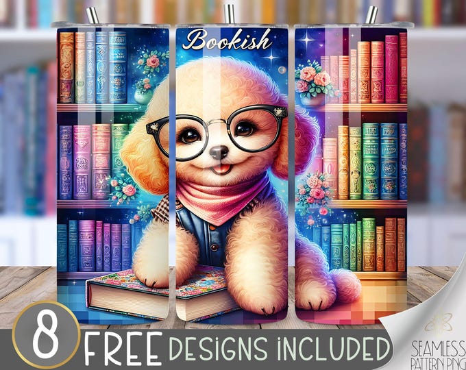 Poodle Book Lover Tumbler Wrap, Old Books PNG, Tumbler Wrap For Reader, Library Gifts 20oz Tumbler Sublimation Design, Bookish Tumbler Wrap