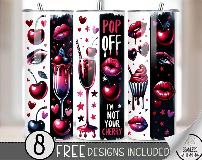 Red Cherry Kiss Tumbler Wrap PNG, Sassy Dripping Lips 20 oz Skinny Tumbler Sublimation Design, Red Wine & Sarcastic Cherry Tumbler File, A75