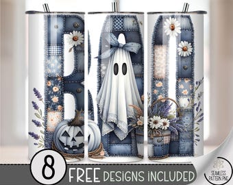 Patchwork Ghost Tumbler Wrap PNG, Spooky Halloween 20 oz Skinny Design, Digital Download for Fall Fun, A420