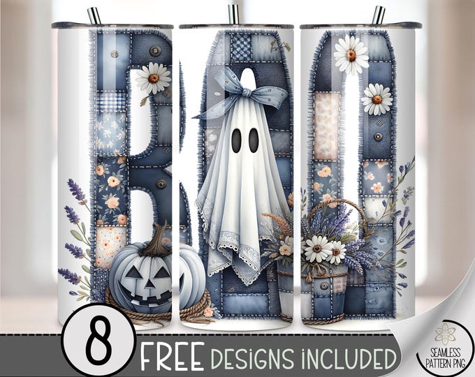 Patchwork Ghost Tumbler Wrap PNG, Spooky Halloween 20 oz Skinny Design, Digital Download for Fall Fun, A420