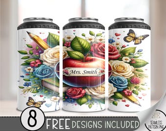 Teacher 4 in 1 Can Cooler Wrap, Personalize Teacher 4in1 Tumbler PNG, Educator 16 Oz Can Cooler Sublimation Design, Floral Teacher PNG, A132