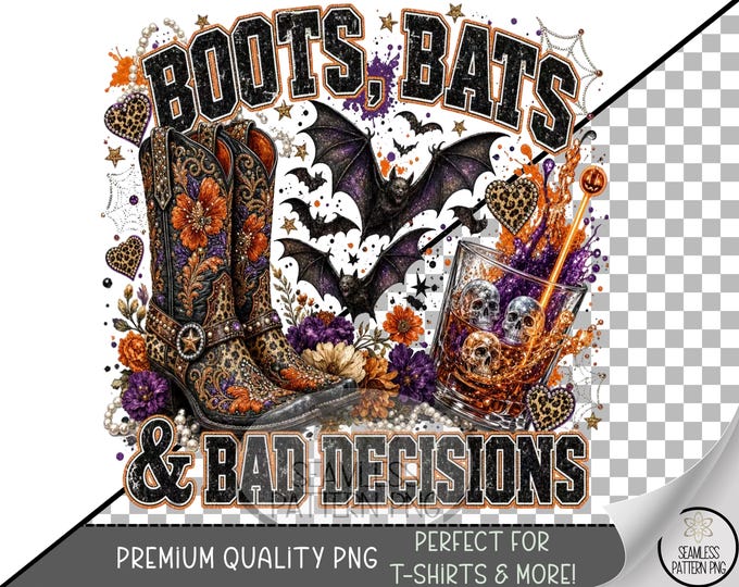 Halloween Sublimation Design, Cowboy Boots Bats Skulls, Digital Download, B10440