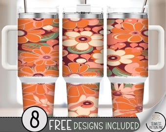Groovy 70s Flower 40oz Tumbler Wrap, 40 oz Retro 16oz PNG File, Floral Sublimation Design PNG, Vintage Girly Aesthetic Can Wrap, A401
