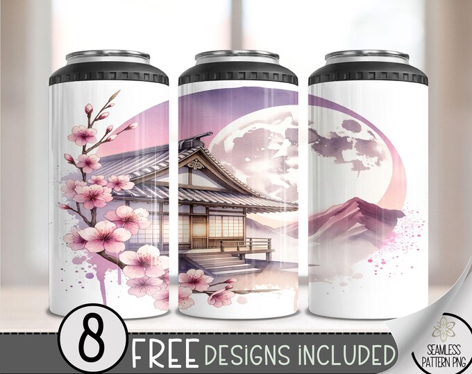 Seamless Sakura Nature 4 in 1 Can Cooler Wrap, Japanese Floral Sublimation Design,Cherry Blossom 16 Oz Can Cooler Design File,Japan 4in1 PNG