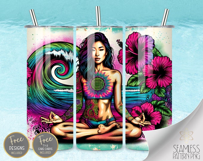 Asian Woman Tumbler, Asian Girl Sublimation Files, Hibiscus Mandala Tumbler, Meditation Wrap, 20oz Straight Tumbler Wrap, Instant Download
