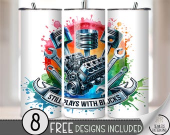 Still Plays With Blocks 20 oz Tumbler Wrap PNG, Mechanic Engine Sublimation Design, Funny Car Lover Piston Wrench Tool Skinny Wrap, A345