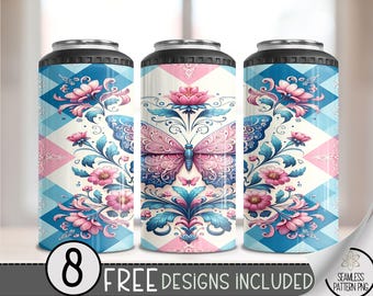 Blue Butterfly 4 in 1 Can Cooler Wrap, Geometric Sublimation Design, Pink 16 Oz Slim, Pretty 4in1 Tumbler PNG, Floral 16 Oz Can Cooler