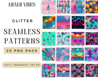 Digital Sparkly Miami Vibes Glitter Seamless Pattern PNG Bundle, Best Sublimation File, 90s inspired Vice Repeating Pack, Commercial Use,