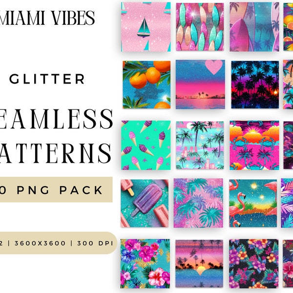 Digital Sparkly Miami Vibes Glitter Seamless Pattern PNG Bundle, Best Sublimation File, 90s inspired Vice Repeating Pack, Commercial Use,