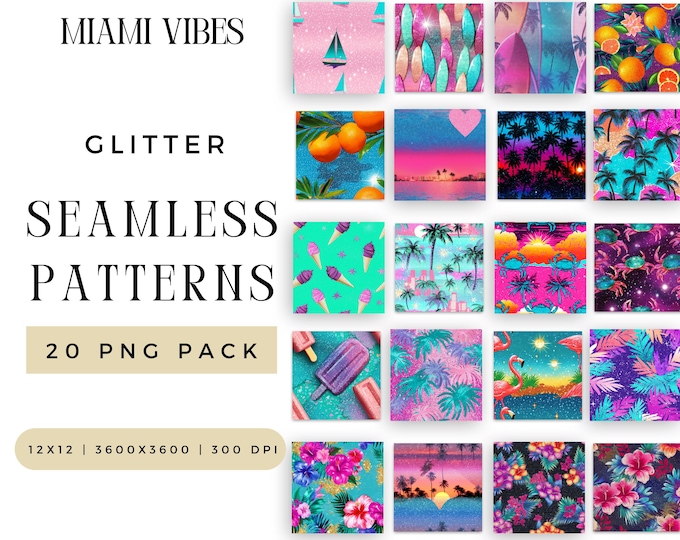 Digital Sparkly Miami Vibes Glitter Seamless Pattern PNG Bundle, Best Sublimation File, 90s inspired Vice Repeating Pack, Commercial Use,