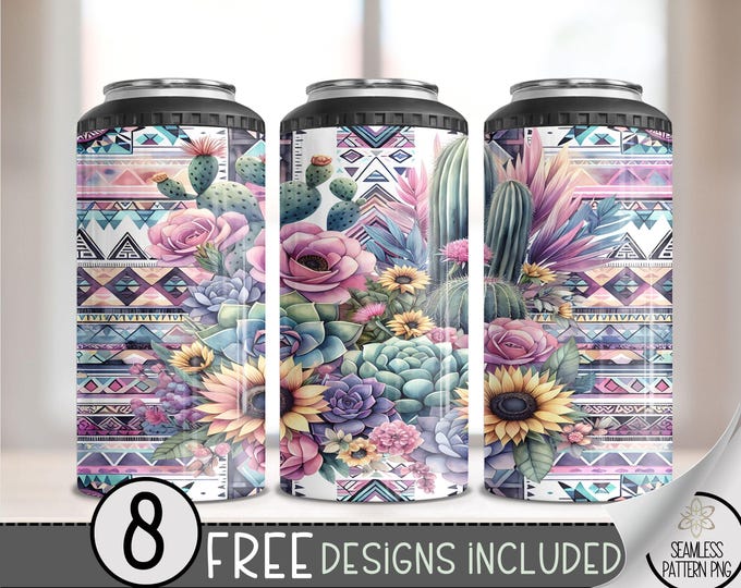 Boho Sunflower Succulent 4 in 1 Can Cooler Wrap, Aztec Floral 4in1 Tumbler PNG, Country Western 16 Oz Can Cooler Sublimation Design, A116
