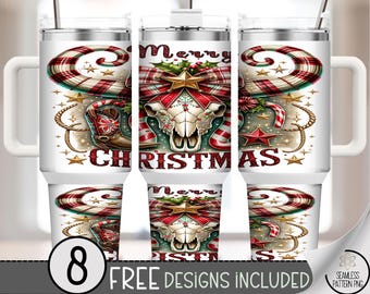 Country Xmas 40 oz Tumbler Wrap: Western Longhorn Skull Christmas Sublimation Design, Festive PNG Files, Vintage 40oz Tumbler Design A490