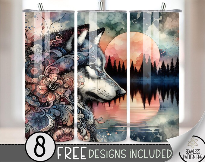 Boho Wolf Floral Tumbler Wrap, Floral Watercolor Sunset Lake Sublimation Design PNG, Ethereal 20Oz Skinny Tumbler File, Lake Tumbler PNG