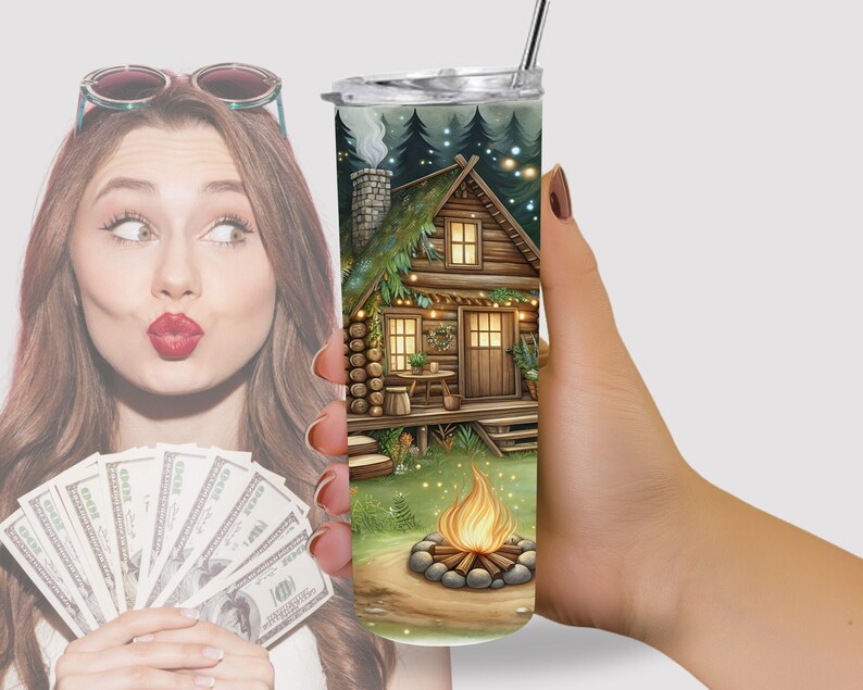 a woman holding a cup with a picture of a house on it
