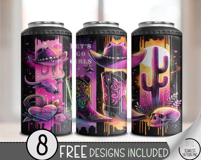 Western 4in1 Can Cooler Wrap, Cool Cactus Wrap, Cowgirl Skull Design, Lets Go Girl 4-in-1 Drink Cooler Wrap, Country Girl 16 oz PNG, A458