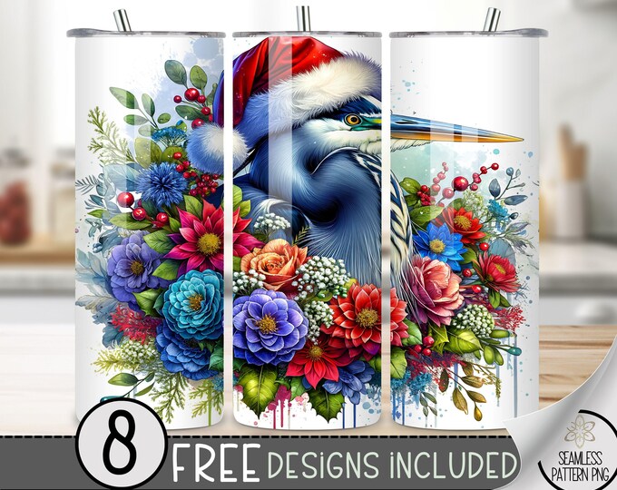 Xmas Bird Tumbler Wrap, Blue Heron 20oz Skinny Tumbler Design, Christmas Bird 20 oz  Tumbler Wrap, Avian Floral Christmas Tumbler Design