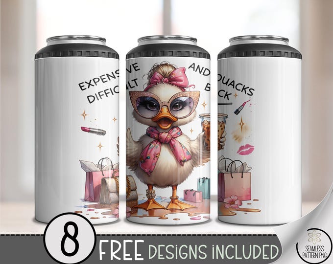 4-in-1 Can Cooler Wrap PNG, Sassy Duck with Coffee, 4in1 Bougie Expensive and Quacks Back File, Funny Sublimation File, Glam Duck File, A343