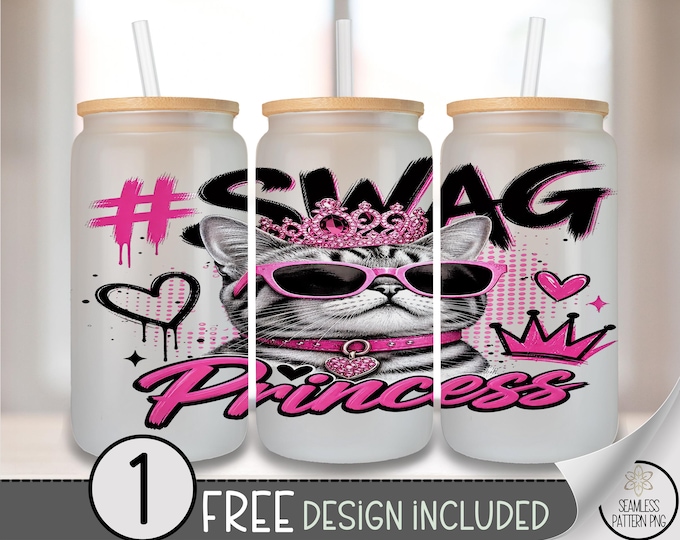Sassy Cat Glass Can Wrap, Princess Pink 16oz Tumbler Sublimation Design PNG File, Digital Download, B10417