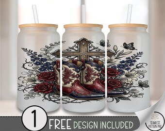 Christmas Cowboy Boots Cross 16oz Glass Tumbler Sublimation Design, Digital Download, B10468