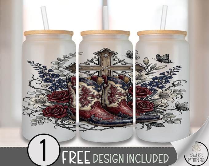 Christmas Cowboy Boots Cross 16oz Glass Tumbler Sublimation Design, Digital Download, B10468