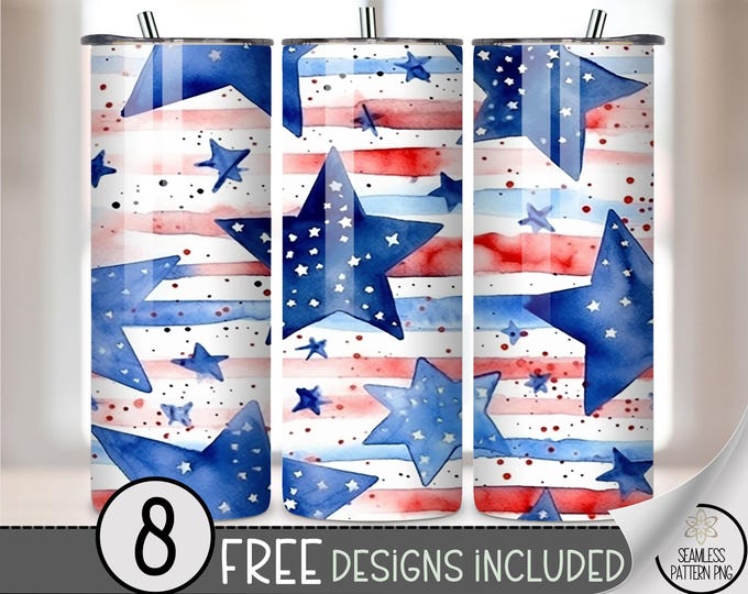 20 Oz Patriotic Tumbler Wrap PNG, Red White Blue Star Sublimation Design, 4th of July Skinny Tumbler PNG, USA Tumbler Wrap File A263