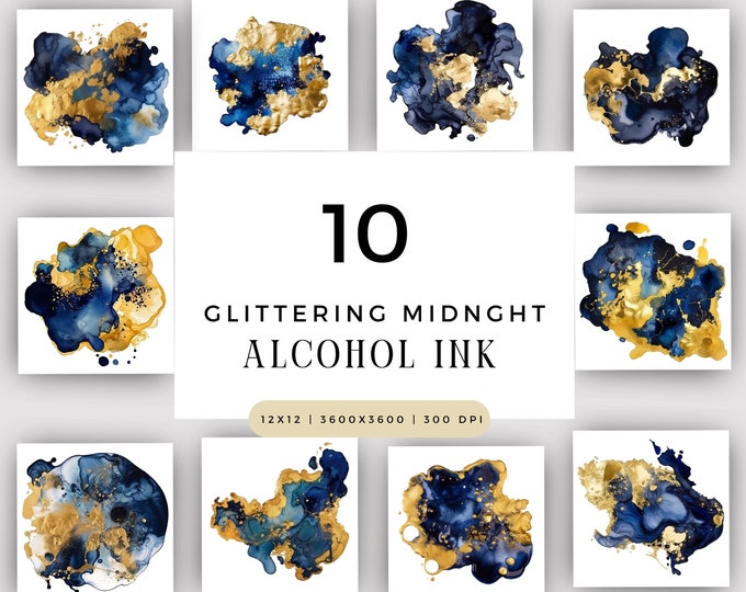 Alcohol Ink Glittering Midnight Navy Clipart Bundle PNG JPG Clip Art Digital Instant Download Commercial Use, Modern Glam Cloud Design
