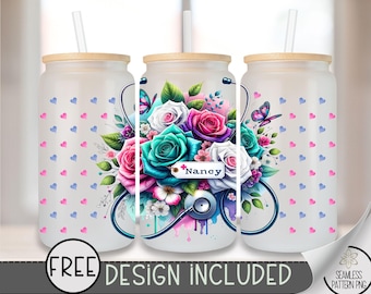 Nurse Libbey Glass Wrap, Personalize Nurse 16 Oz Glass Can Wrap PNG, Floral Nurse Glass Can Sublimation Wrap Design, Add Your Name PNG, A131