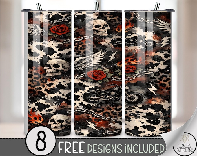 Skull & Motorcycle 20 oz Tumbler Wrap, Gothic Sublimation Design for Straight Tumblers, Edgy PNG Files with Winged Skull, B10036