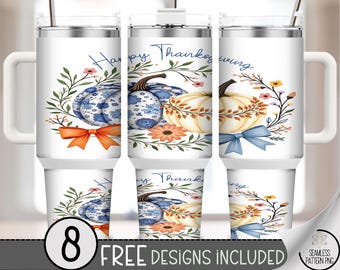 Happy Thanksgiving 40 oz tumbler wrap: Grand Millennial Sublimation Design, Cozy Autumn PNG Files, Floral Pumpkins PNG A478