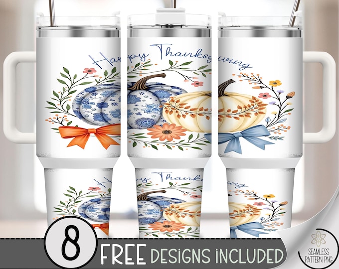 Happy Thanksgiving 40 oz tumbler wrap: Grand Millennial Sublimation Design, Cozy Autumn PNG Files, Floral Pumpkins PNG A478