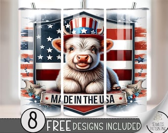 Cute 4th of July Highland Cow PNG 20 oz Straight Tumbler Wrap Sublimation, Patriotic Skinny Tumbler Design Files, American Cow Digital USA